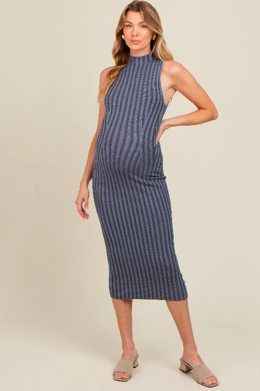 Blue Ribbed Knit Mock Neck Fitted Maternity Dress