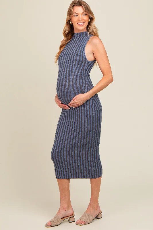 Blue Ribbed Knit Mock Neck Fitted Maternity Dress