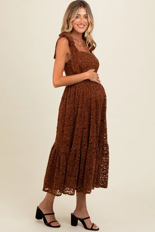 Brown Lace Shoulder Tie Ruffle Hem Maternity Midi Dress