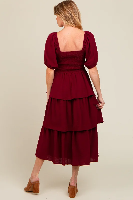 Burgundy Smocked Body Ruffled Tiered Maternity Midi Dress