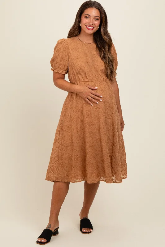 Camel Floral Embroidered Overlay Maternity Midi Dress