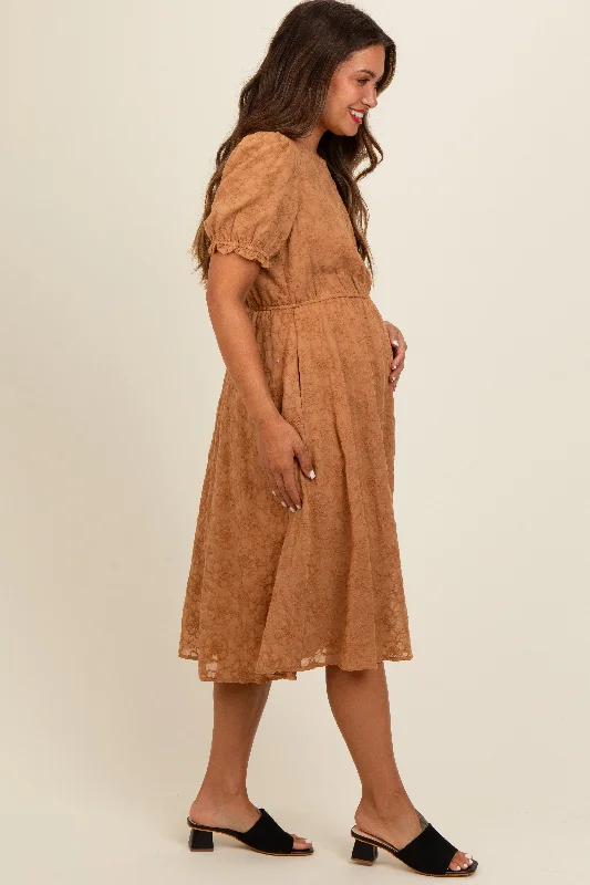 Camel Floral Embroidered Overlay Maternity Midi Dress