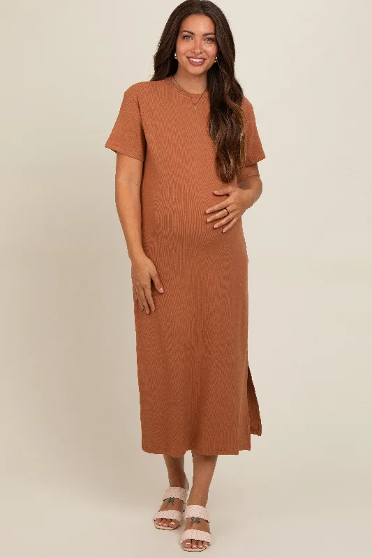 Camel Short Sleeve Side Slit Maternity T-Shirt Midi Dress