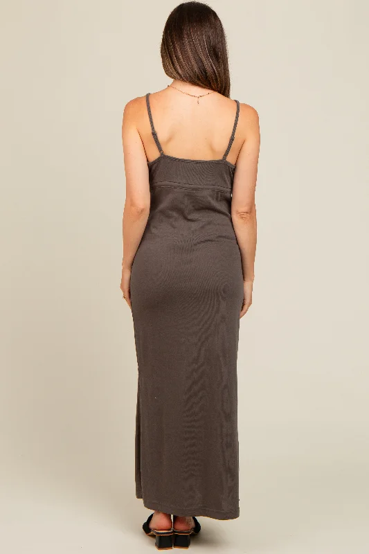 Charcoal V-Neck Side Slit Maternity Maxi Dress