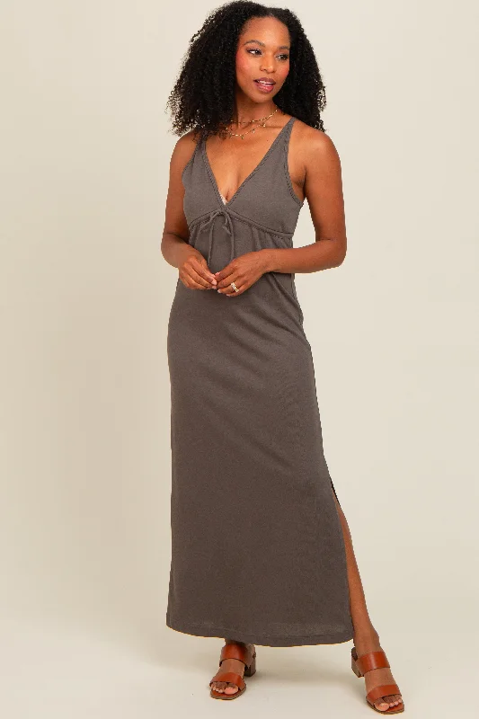 Charcoal V-Neck Side Slit Maternity Maxi Dress