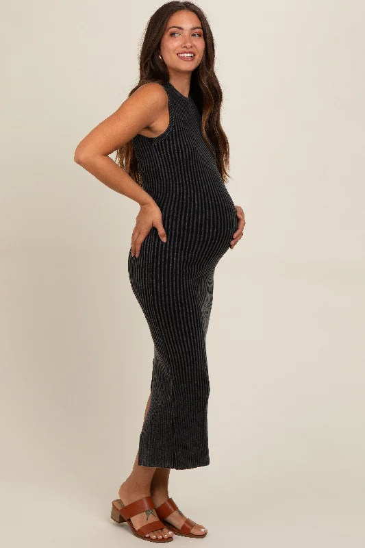 Charcoal Vintage Wash Ribbed Cutout Maternity Dress