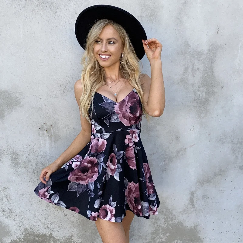 Rose To The Occassion Black Floral Skater Dress