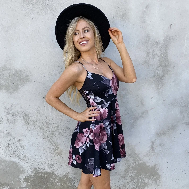 Rose To The Occassion Black Floral Skater Dress