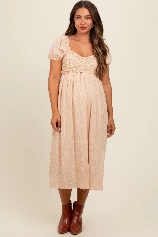 Cream Crochet Puff Sleeve Maternity Midi Dress