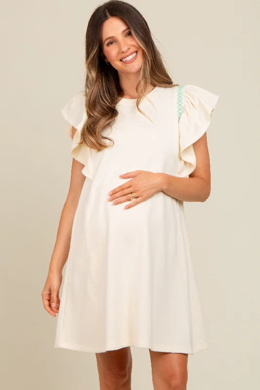 Cream Embroidered Ruffle Sleeve Maternity Dress