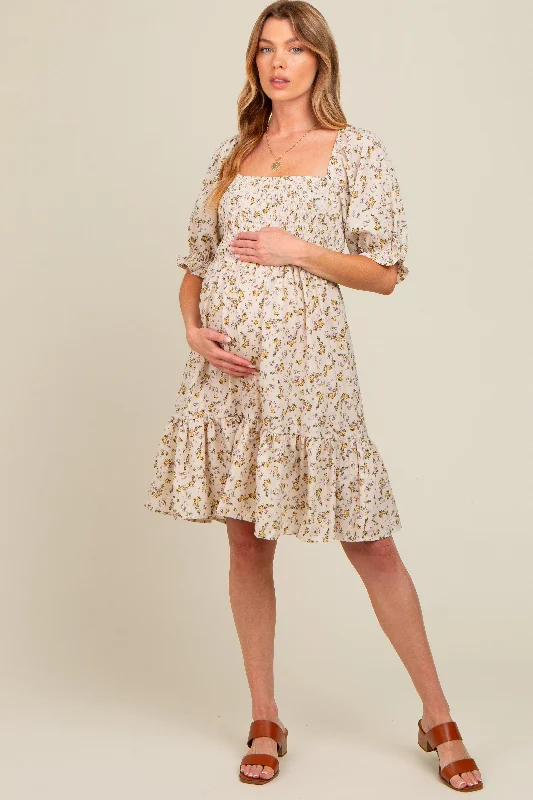 Cream Floral Smocked Puff Sleeve Maternity Dress