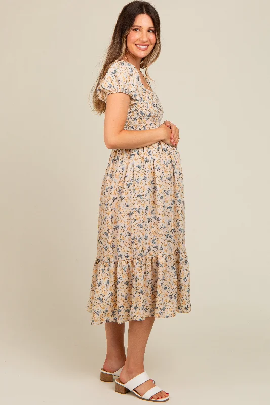 Cream Floral Smocked Ruffle Hem Maternity Midi Dress