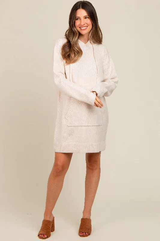 Cream Hooded Front Pocket Maternity Sweater Dress