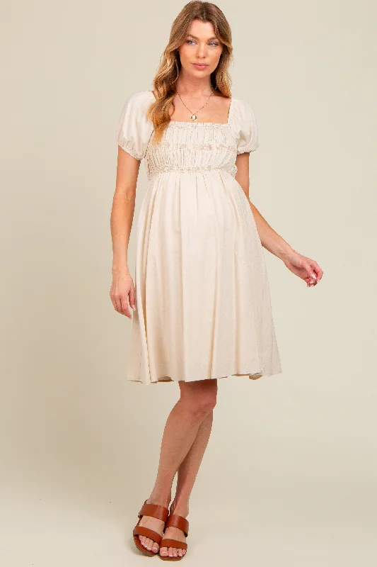 Cream Linen Smocked Puff Sleeve Maternity Dress