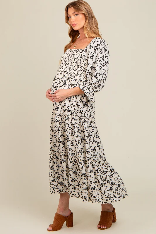 Cream Smocked Tiered Pocketed Maternity Midi Dress