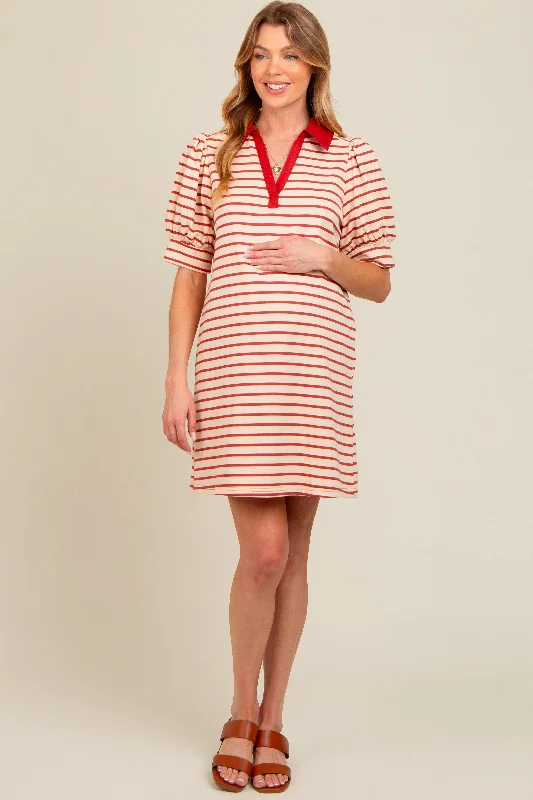 Cream Striped Collared Puff Sleeve Maternity Dress