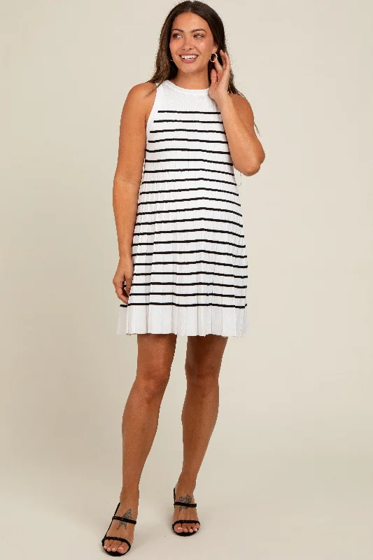 Cream Striped Sleeveless Pleated Maternity Mini Dress