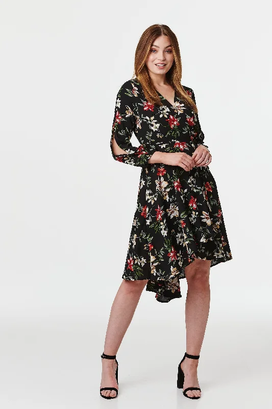 Floral Long Sleeve Wrap Front Dress