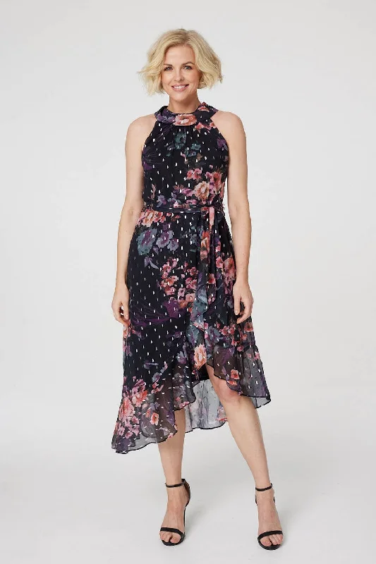 Floral High Neck Wrap Dress