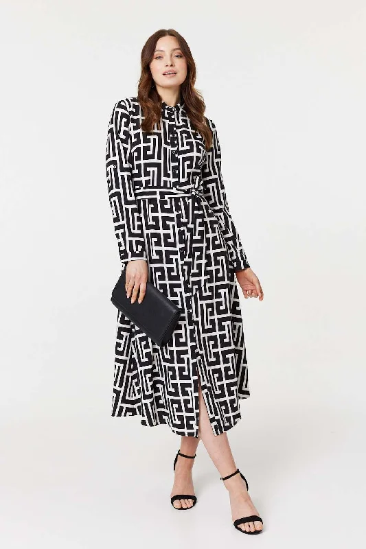 Printed Tie Waist Midi Shirt Dress