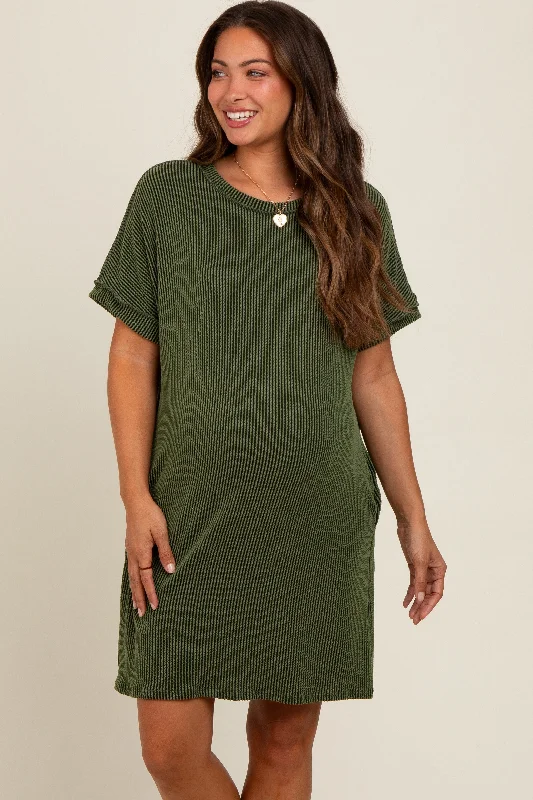 Forest Green Ribbed Rolled Cuff Maternity Dress