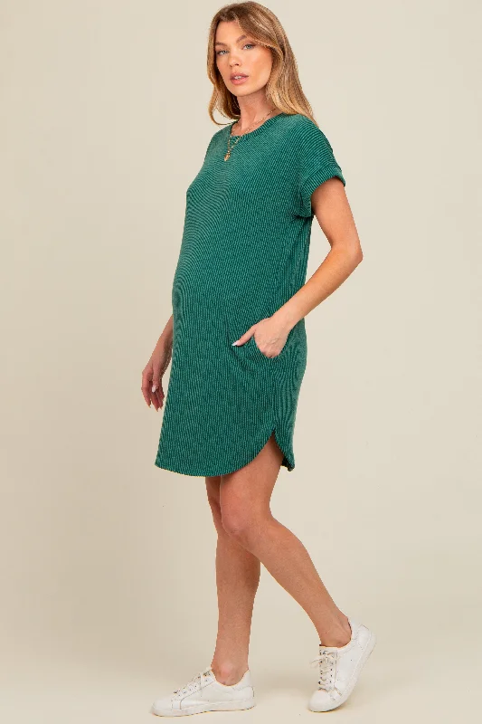 Forest Green Ribbed Round Hem Maternity Dress