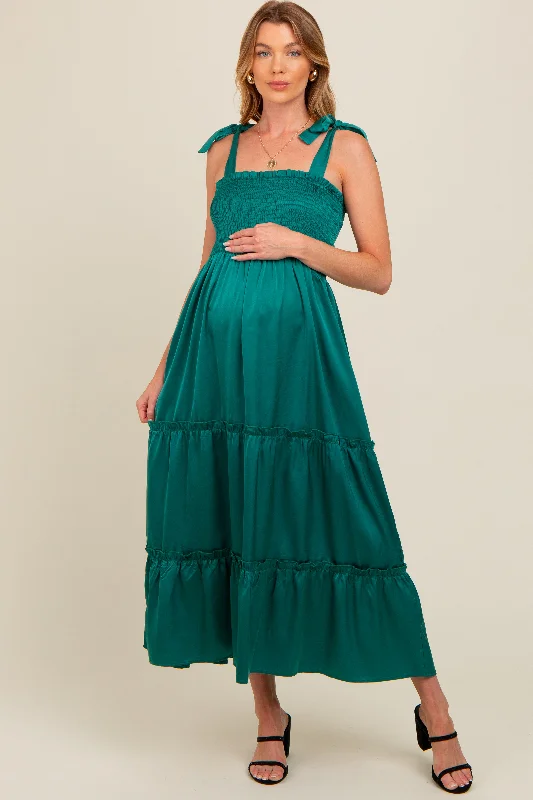 Forest Green Satin Smocked Maternity Maxi Dress