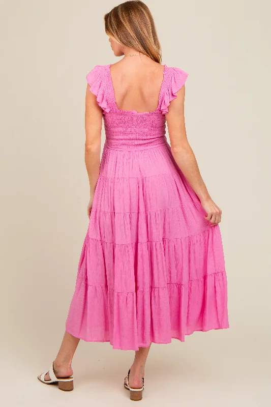 Fuchsia Smocked Tiered Ruffle Strap Maternity Midi Dress