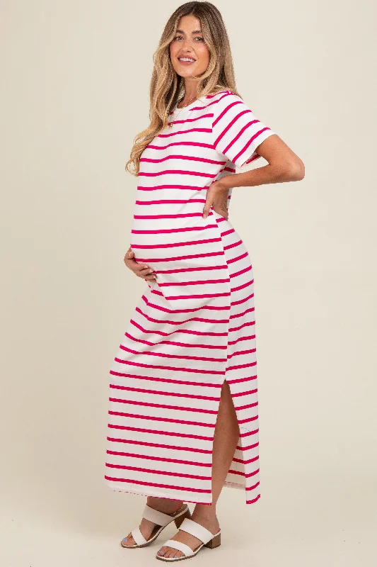 Fuchsia Striped Side Slit Maternity Maxi Dress