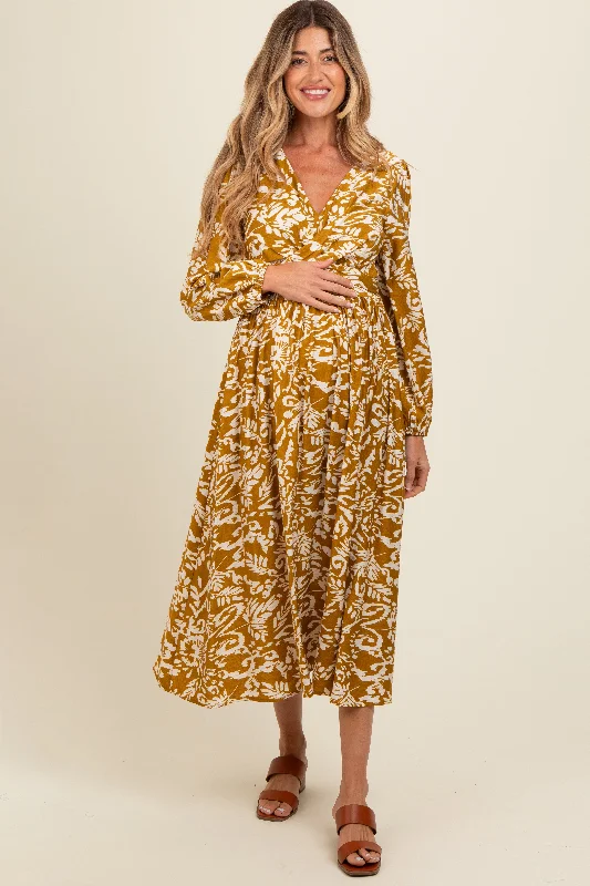 Gold Abstract Floral Gathered Front Maternity Midi Dress