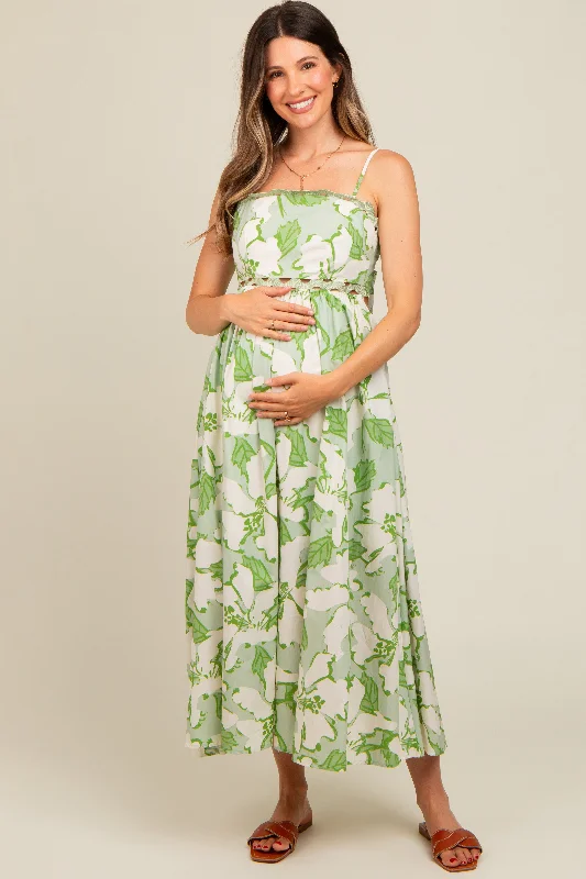 Green Floral Wave Trim Back Tie Maternity Midi Dress