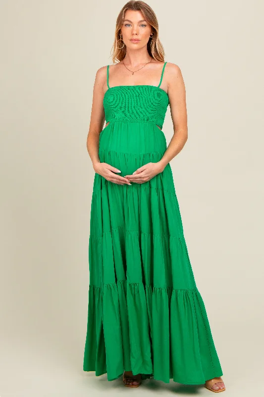 Green Smocked Cutout Maternity Maxi Dress