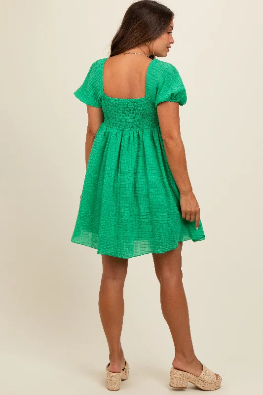 Green Textured Puff Sleeve Sweetheart Neckline Maternity Dress