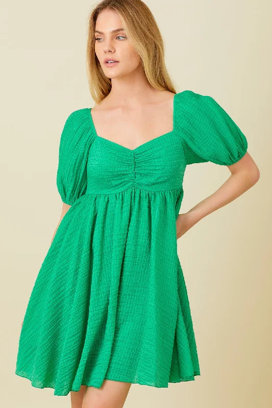 Green Textured Puff Sleeve Sweetheart Neckline Maternity Dress