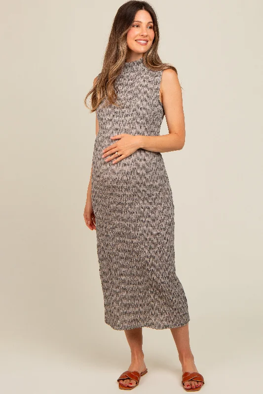 Grey Textured Knit Mock Neck Maternity Midi Dress