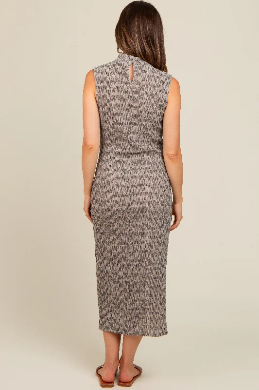 Grey Textured Knit Mock Neck Maternity Midi Dress