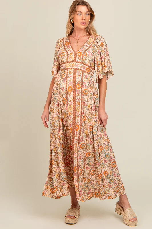 Ivory Floral Border Print Flutter Sleeve Maternity Maxi Dress