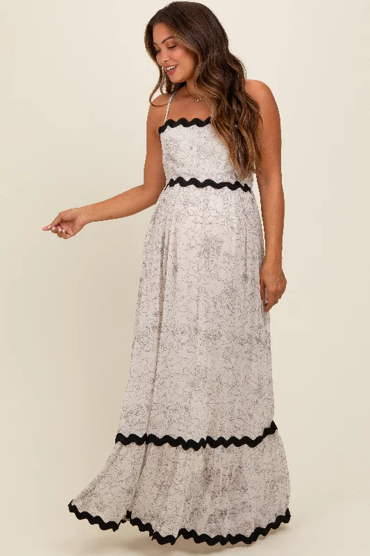 Ivory Floral Contrast Trim Maternity Maxi Dress