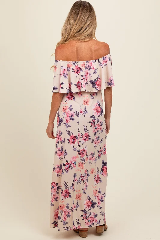 Ivory Floral Off Shoulder Maternity Maxi Dress