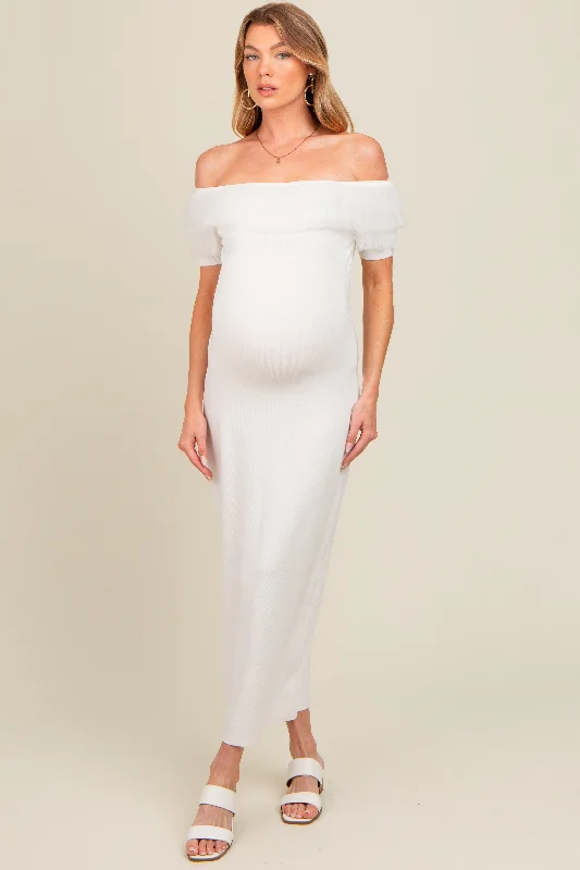 Ivory Tulle Ruffle Off Shoulder Sweater Maternity Midi Dress