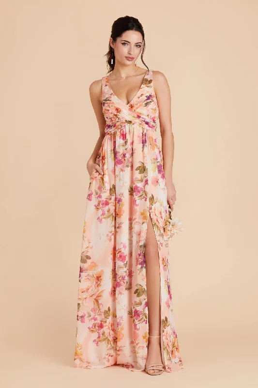 Laurie Empire Dress - Coral Sunset Peonies