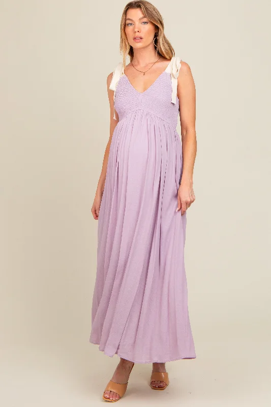 Lavender Contrast Shoulder Tie Smocked Maternity Maxi Dress