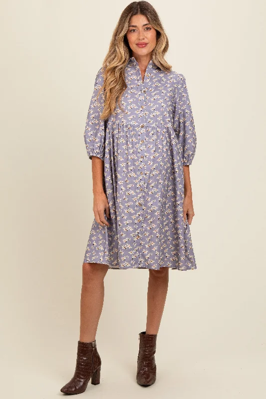 Lavender Floral Button Front 3/4 Sleeve Maternity Dress