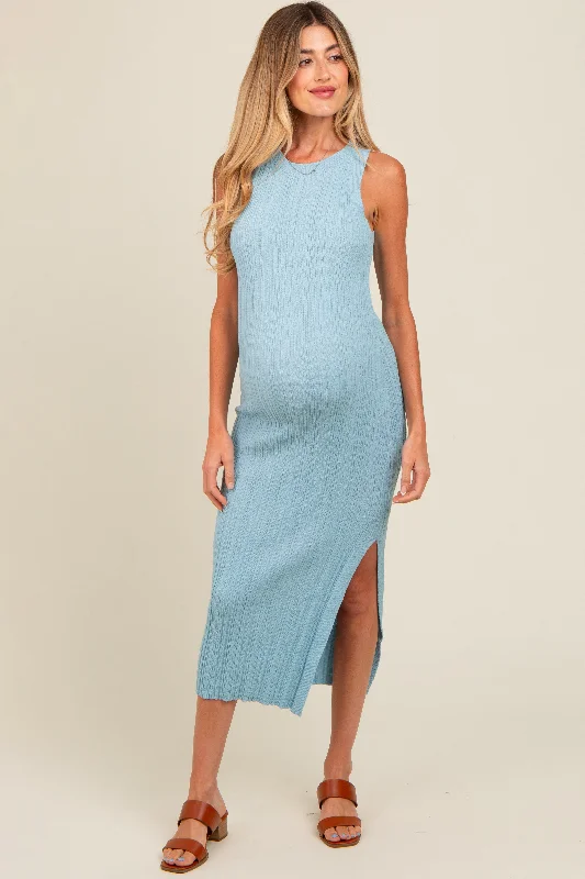 Light Blue Ribbed Side Slit Sleeveless Maternity Midi Dress