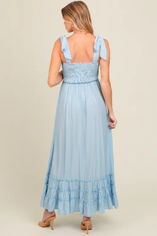 Light Blue Sweetheart Neck Smocked Shoulder Tie Maternity Maxi Dress