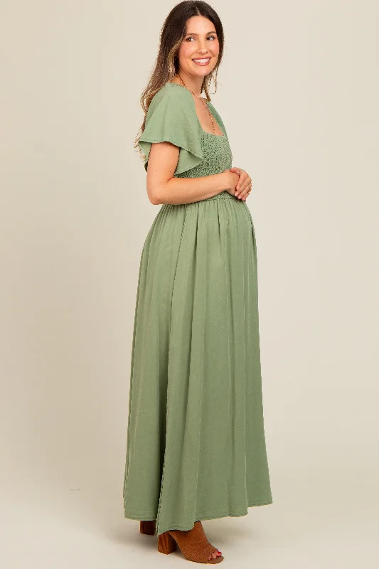 Light Olive Chambray Smocked Maternity Maxi Dress