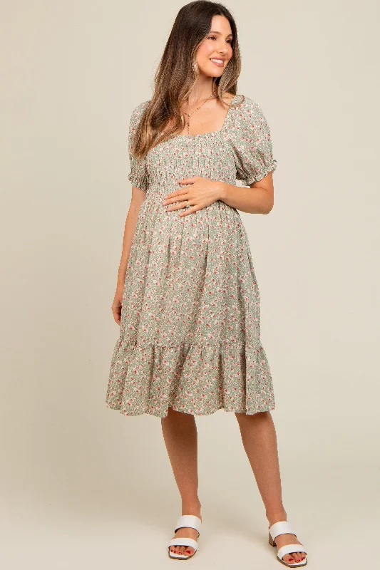 Light Olive Floral Smocked Maternity Dress