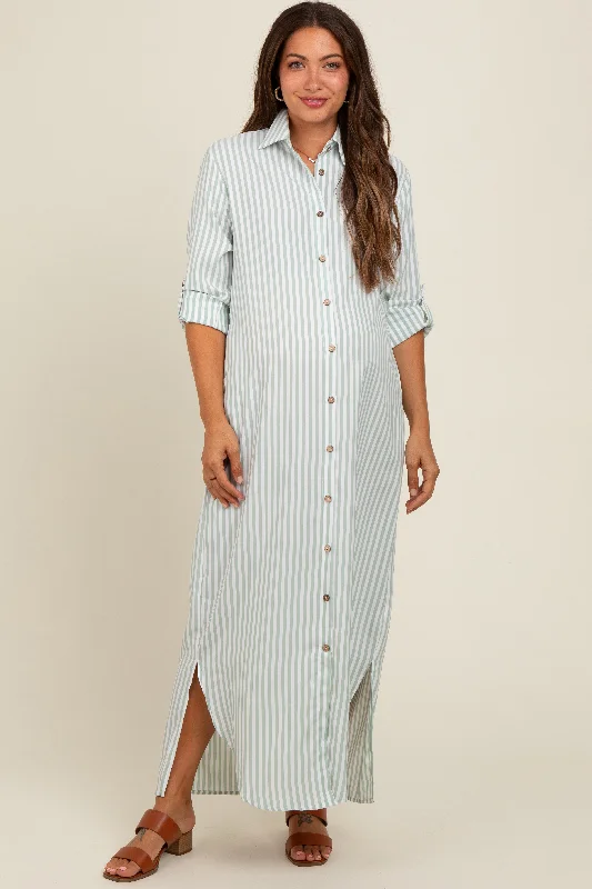 Light Olive Striped Button Down Maternity Maxi Dress