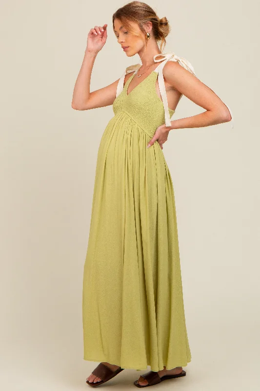 Lime Contrast Shoulder Tie Smocked Maternity Maxi Dress