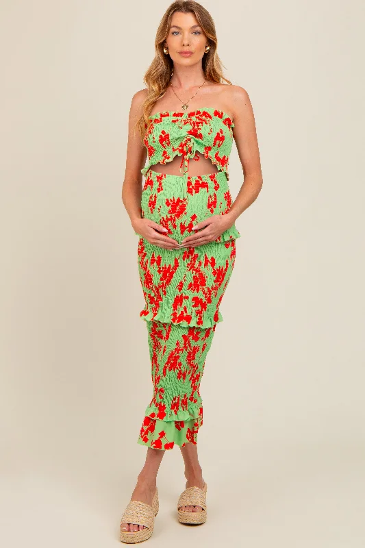 Lime Floral Smocked Drawstring Front Cutout Ruffle Trim Maternity Midi Dress